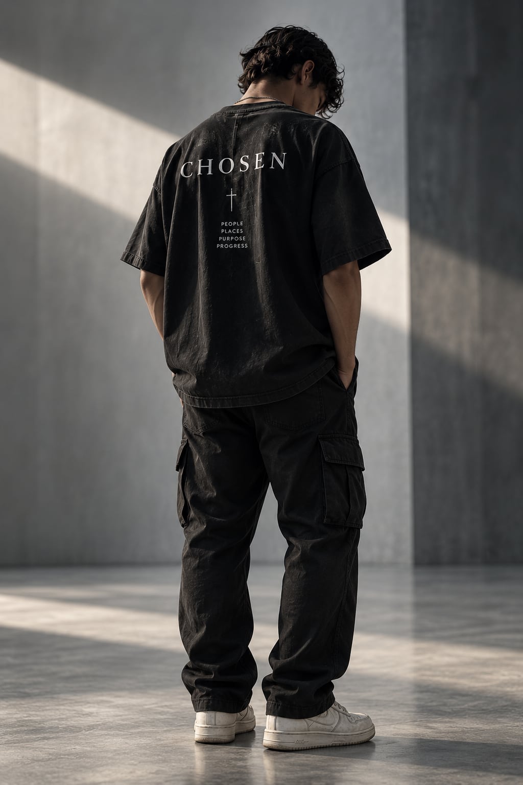 Model seen from behind in a black CHOSEN tee and cargo trousers